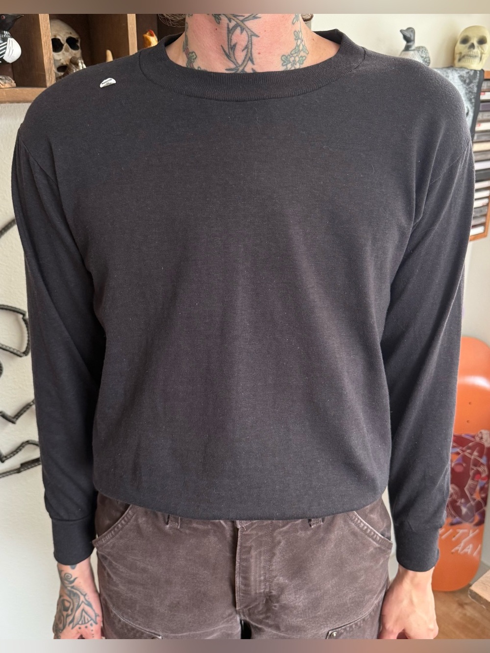 Vintage 70s 80s Deadstock Black Cotton Long Sleeve Tee ~ Small
